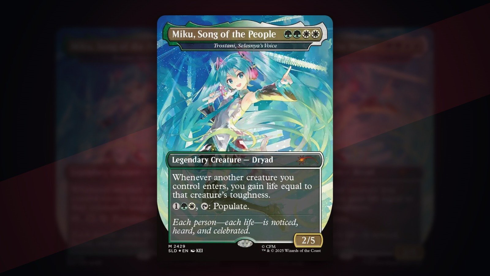 Capa: Trostani, Selesnya's Voice como Miku, Song of the People, carta do deck de Commander da Hatsune Miku no Secret Lair (Divulgação/Wizards of the Coast)