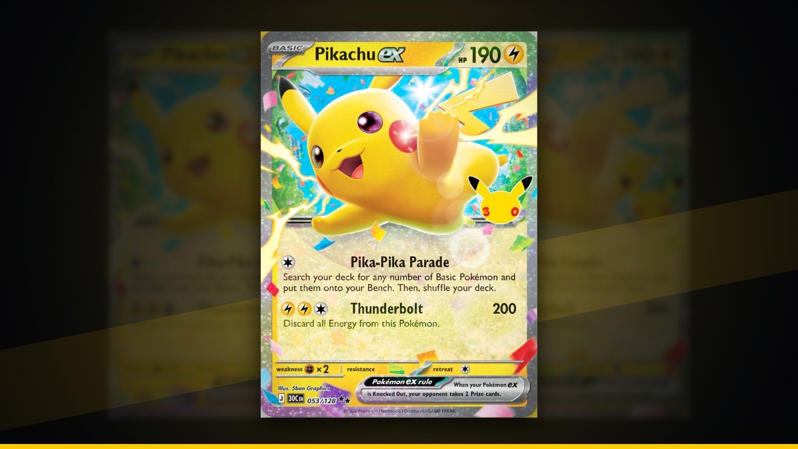 Pikachu ex 30th Celebration, versão Dia, carta 053/128 (Divulgação/The Pokémon Company, via PokéBeach)